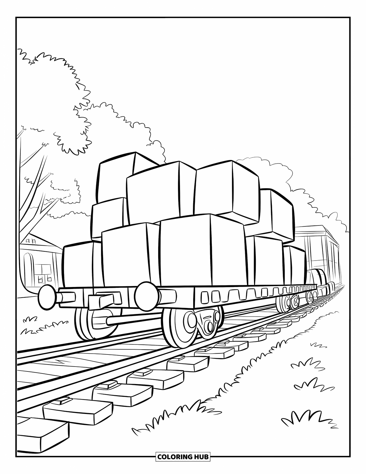 Freight Train Coloring Page for Kids: Train with blocks moves ahead through trees and a small building