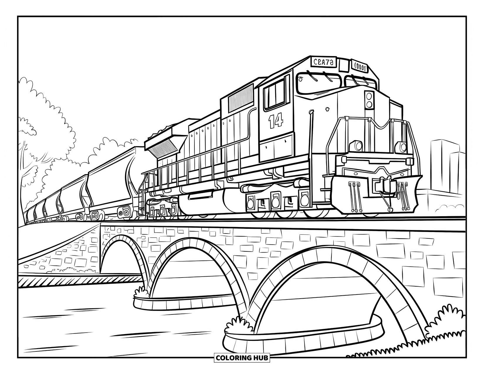 Freight Train Coloring Page for Kids: Train with bold engine crosses arched stone bridge