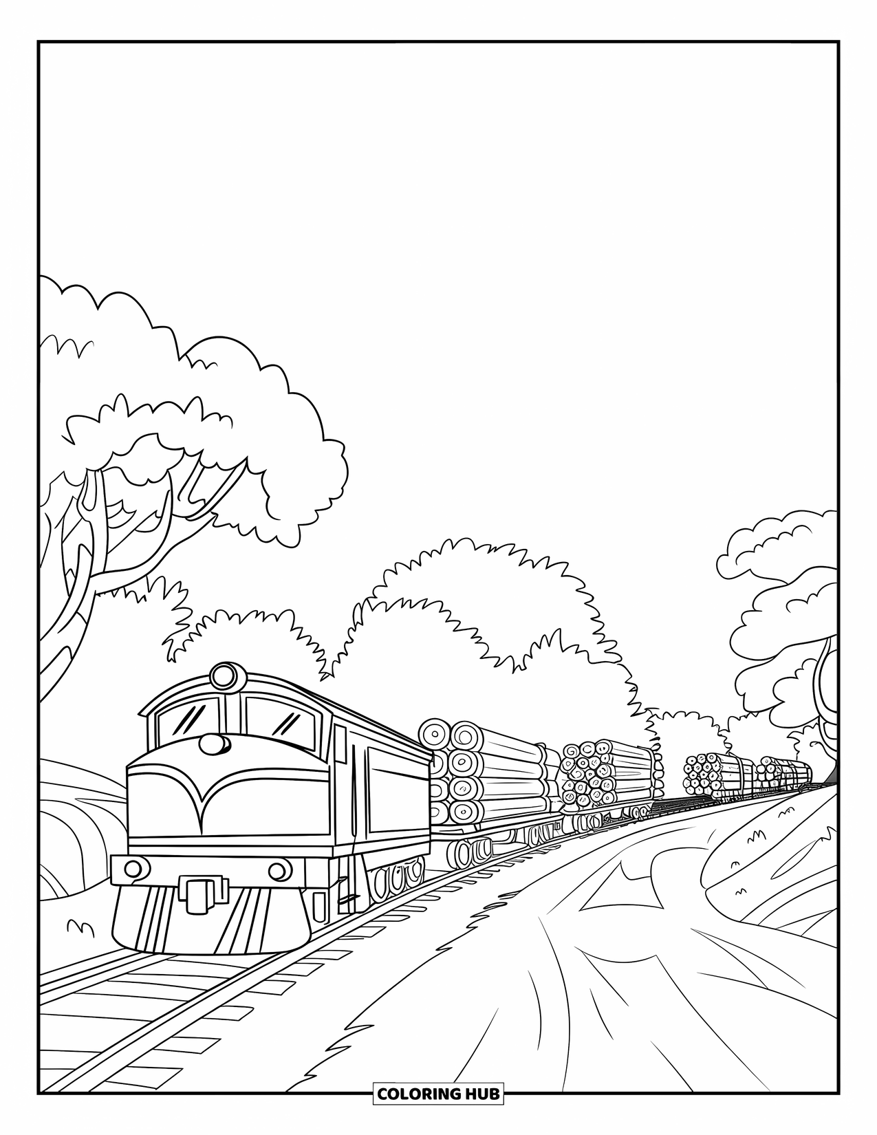 Freight Train Coloring Page for Kids: Train with log-filled cars winds along a quiet path surrounded by trees