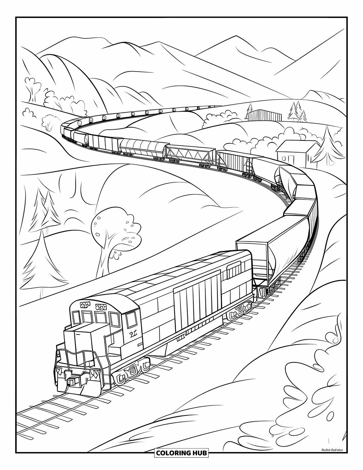 Freight Train Coloring Page for Kids: Train with mixed cargo curves along mountain and tree-lined tracks