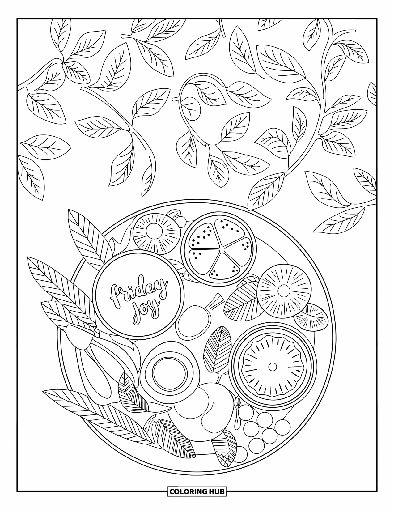Friday Coloring Page for Adults: Breakfast tray overhead with fruit, leaves, and "Friday Joy" note