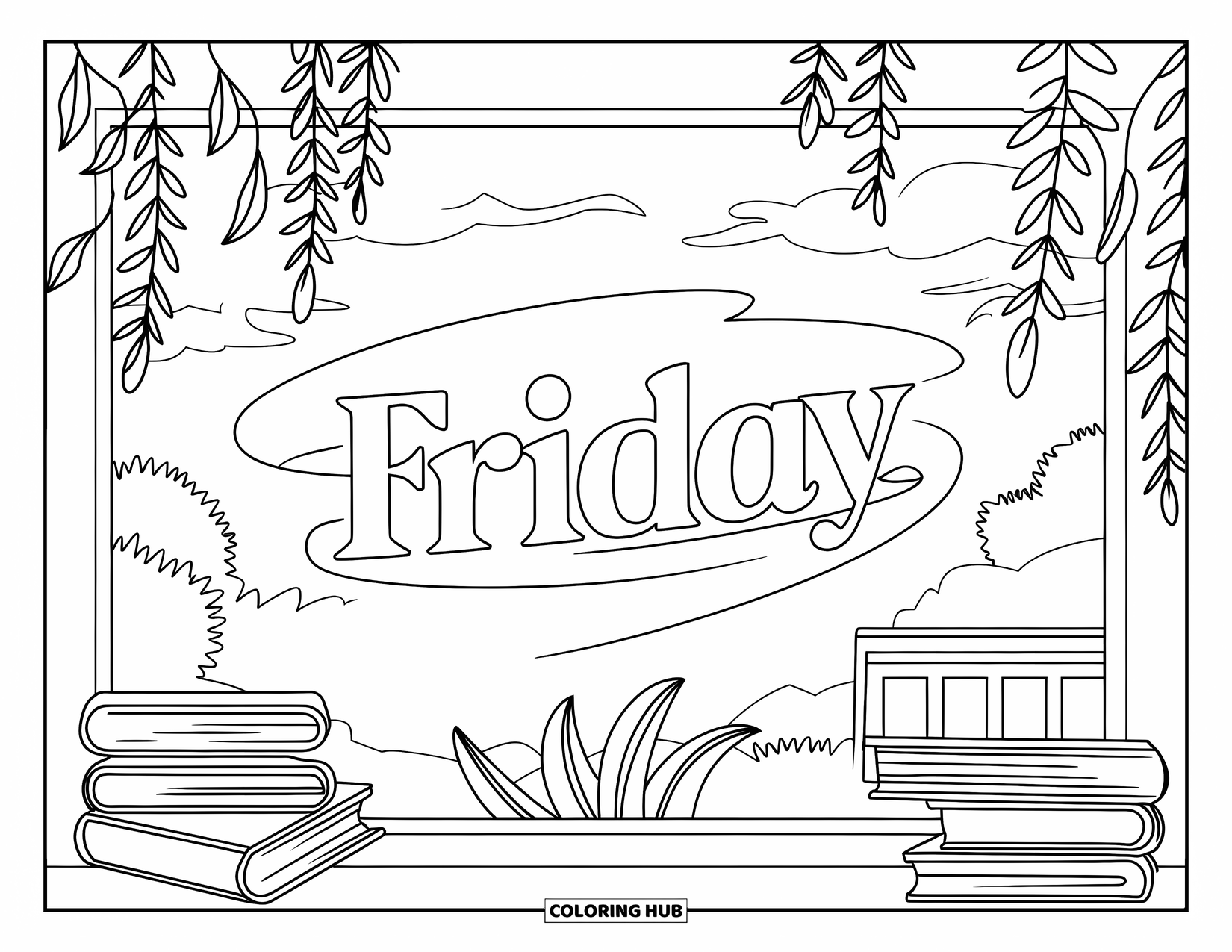 Friday Coloring Page for Adults: Calm window view framed by plants, books, breeze, and "Friday" near trees