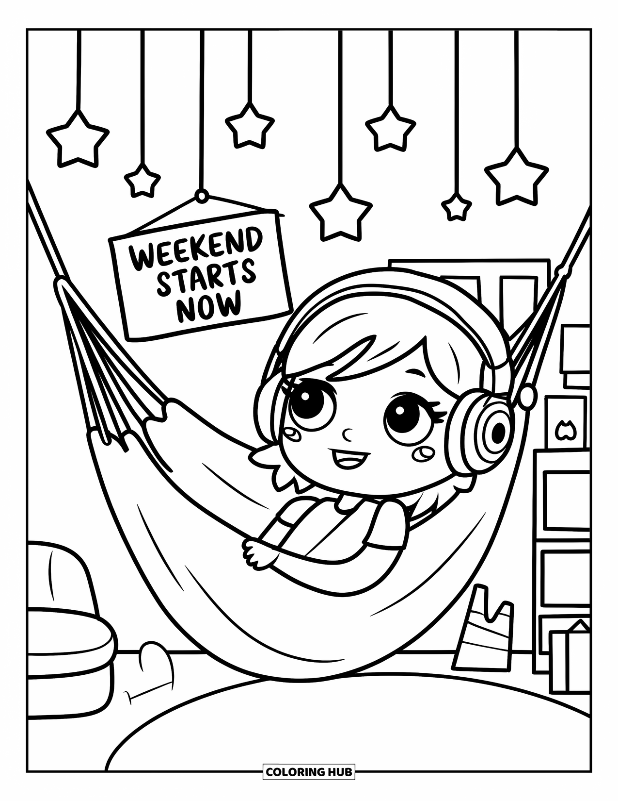 Friday Coloring Page for Adults: Chibi girl in hammock, headphones, stars hanging, and "Weekend Starts Now" sign