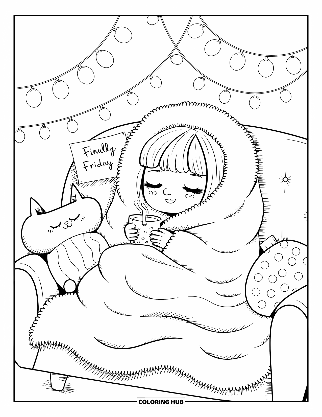 Friday Coloring Page for Adults: Chibi girl snuggled in blanket, warm drink, fairy lights, and "Finally Friday" sign