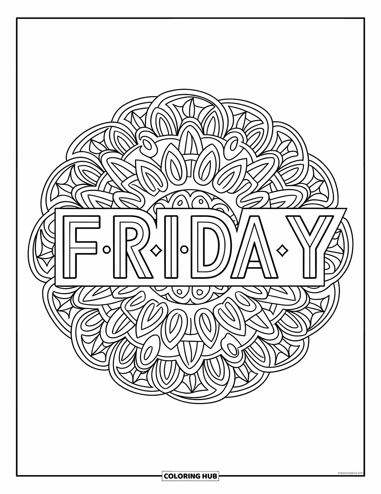 Friday Coloring Page for Adults: Circular mandala of "F-R-I-D-A-Y" with geometric shapes