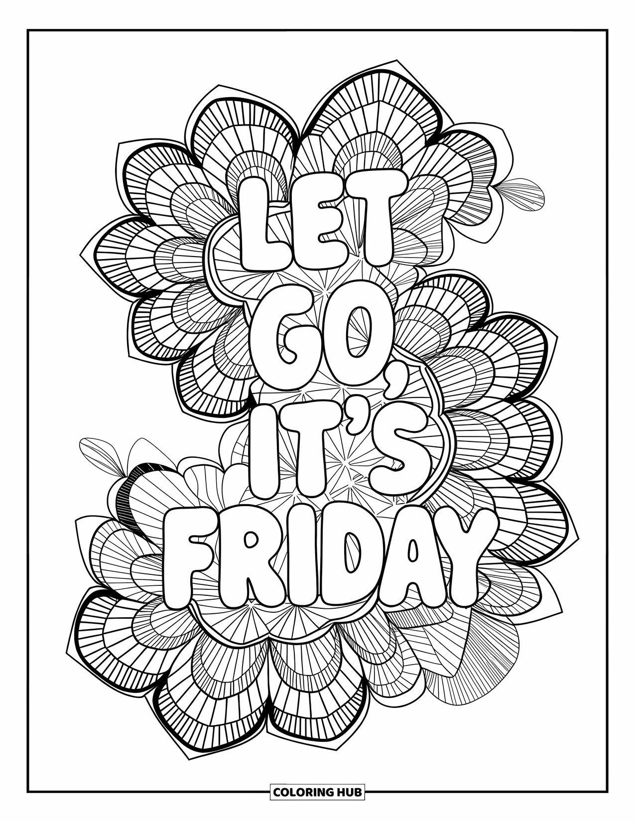 Friday Coloring Page for Adults: Delicate lace pattern with geometric shapes and "Let Go, It's Friday"