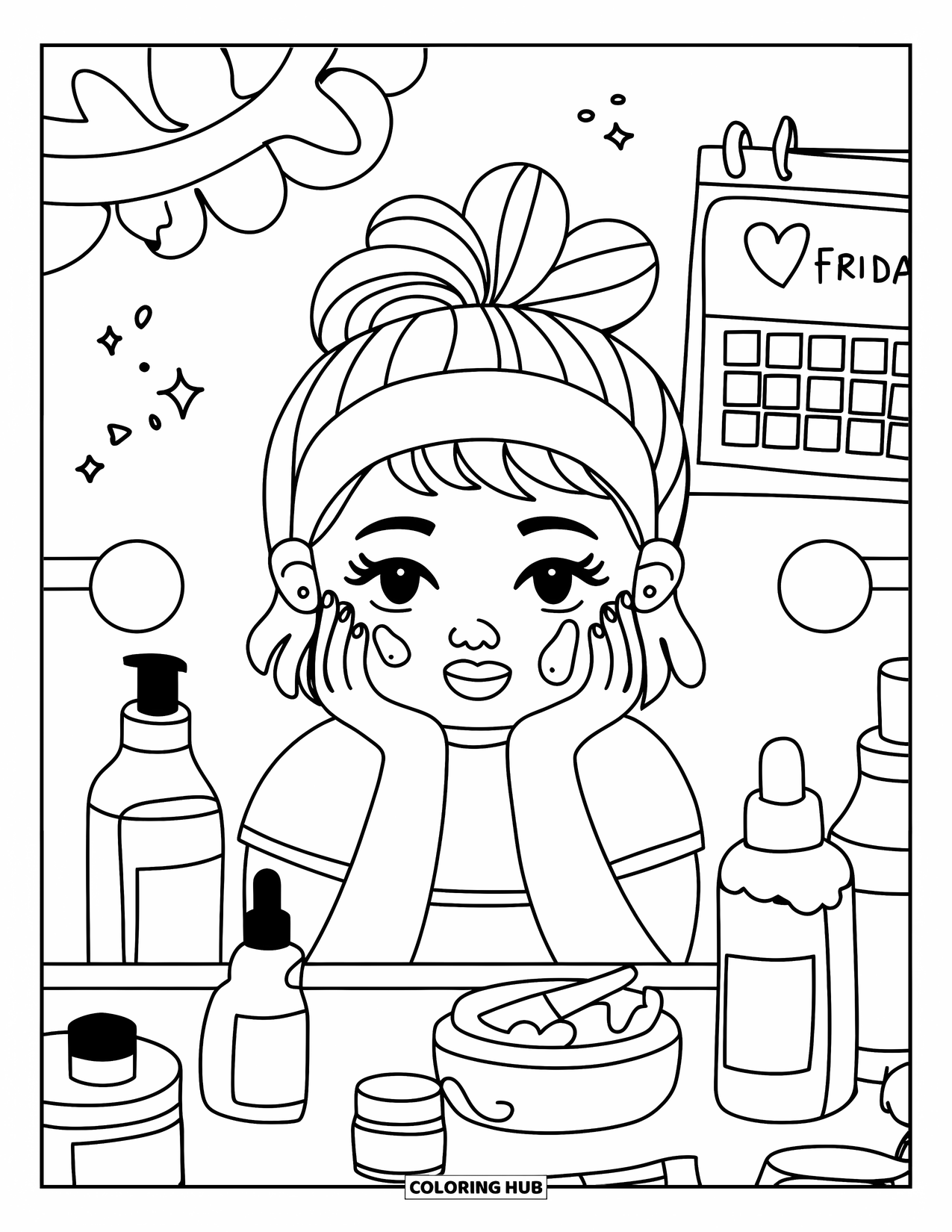 Friday Coloring Page for Adults: Girl with messy bun, facial patches, bottles, and calendar with Friday heart