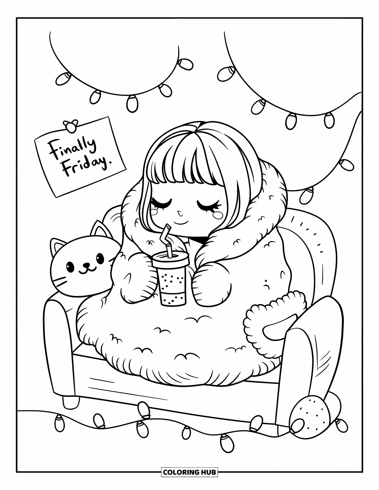 Friday Coloring Page for Adults: Girl wrapped in blanket with warm drink, fairy lights, cat pillow, and "Finally Friday"
