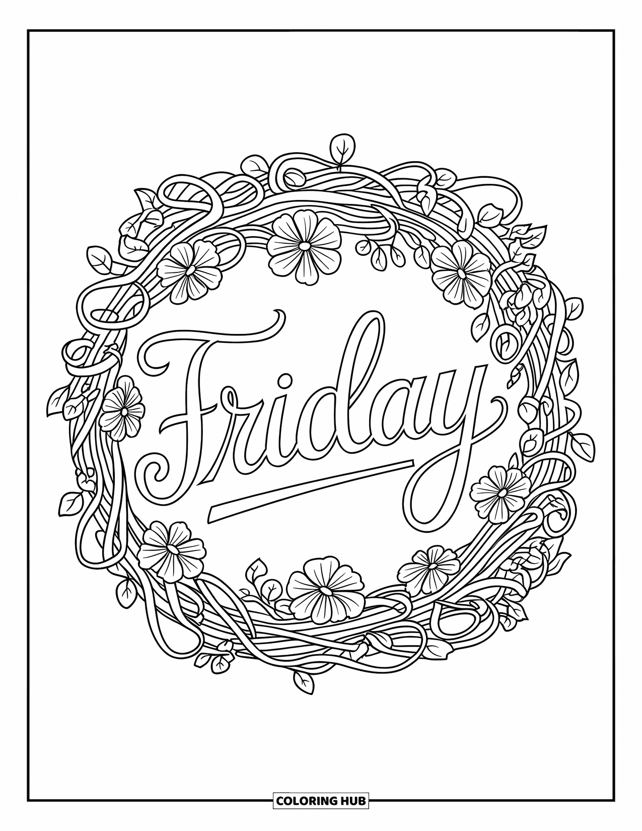 Friday Coloring Page for Adults: Intricate vines and blossoms wrap around "Friday" in stylish script