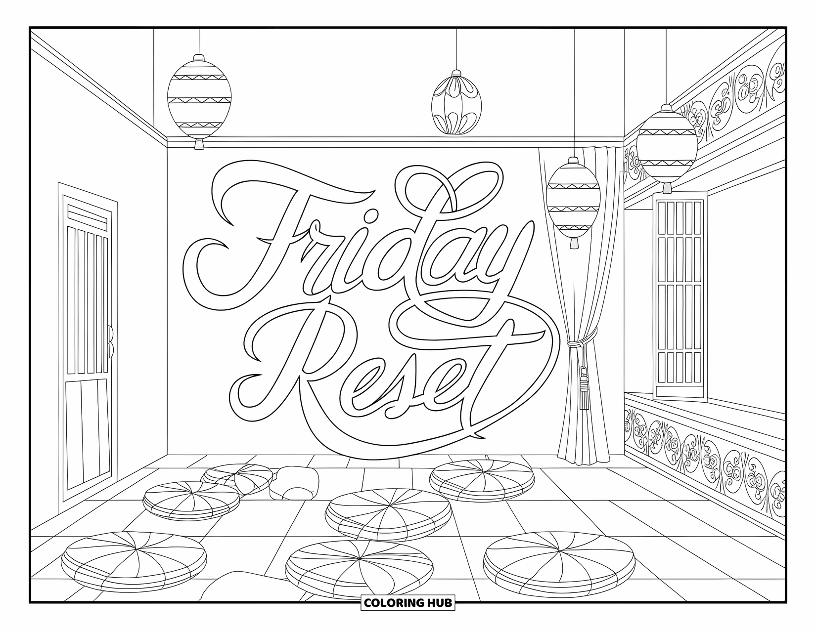 Friday Coloring Page for Adults: Serene room with cushions, lanterns, patterns, and elegant "Friday Reset" calligraphy