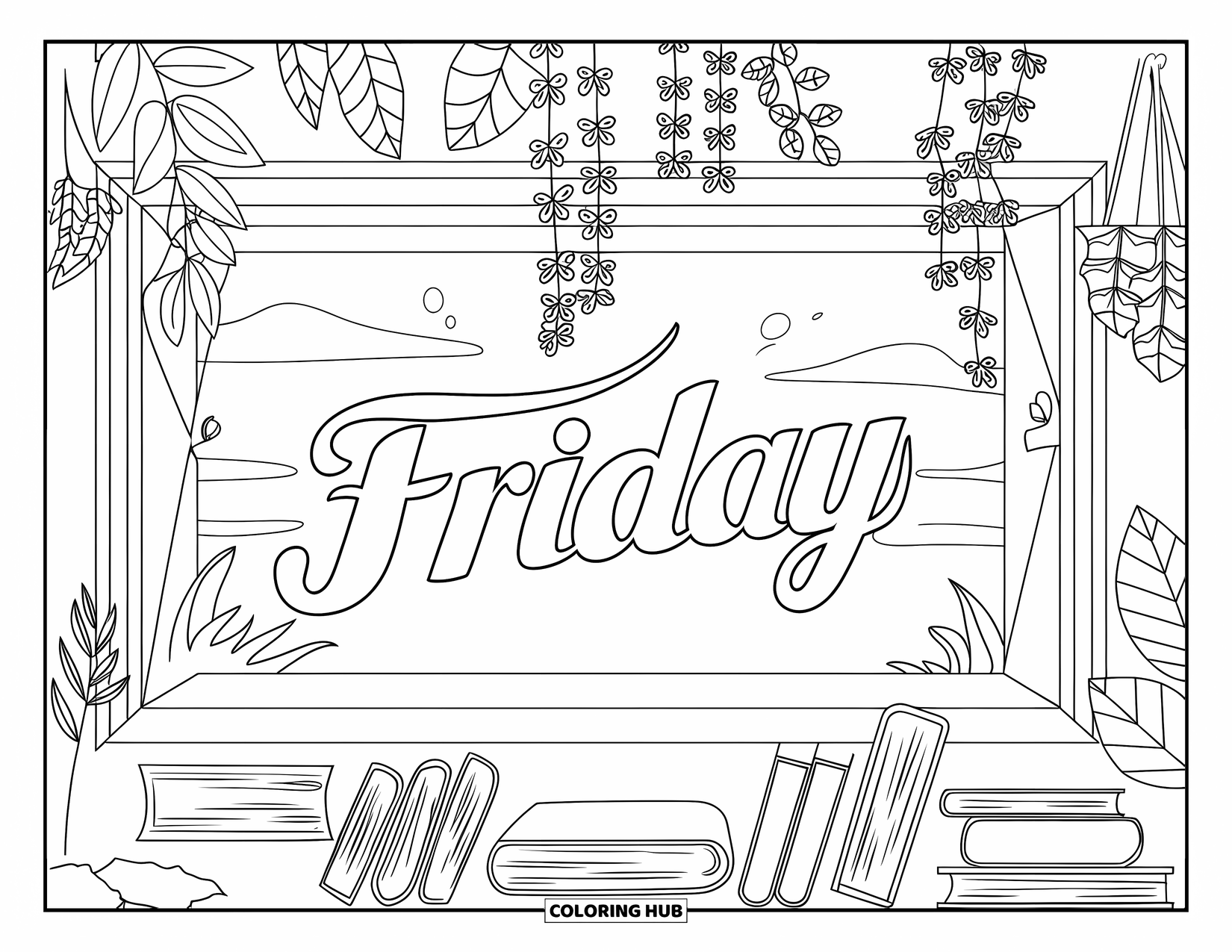 Friday Coloring Page for Adults: Tranquil window view with hanging plants, books, breeze, and "Friday" softly written