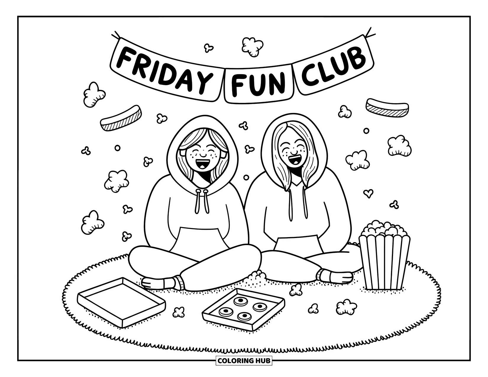 Friday Coloring Page for Adults: Two friends in hoodies laughing on carpet with pizza, popcorn, and "Friday Fun Club" banner