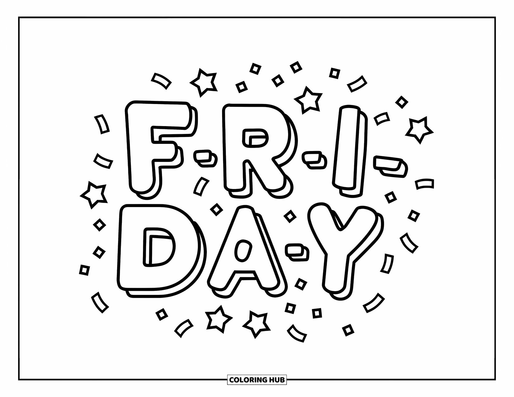 Friday Coloring Page for Kids: Balloon "F-R-I-D-A-Y" letters surrounded by stars and confetti