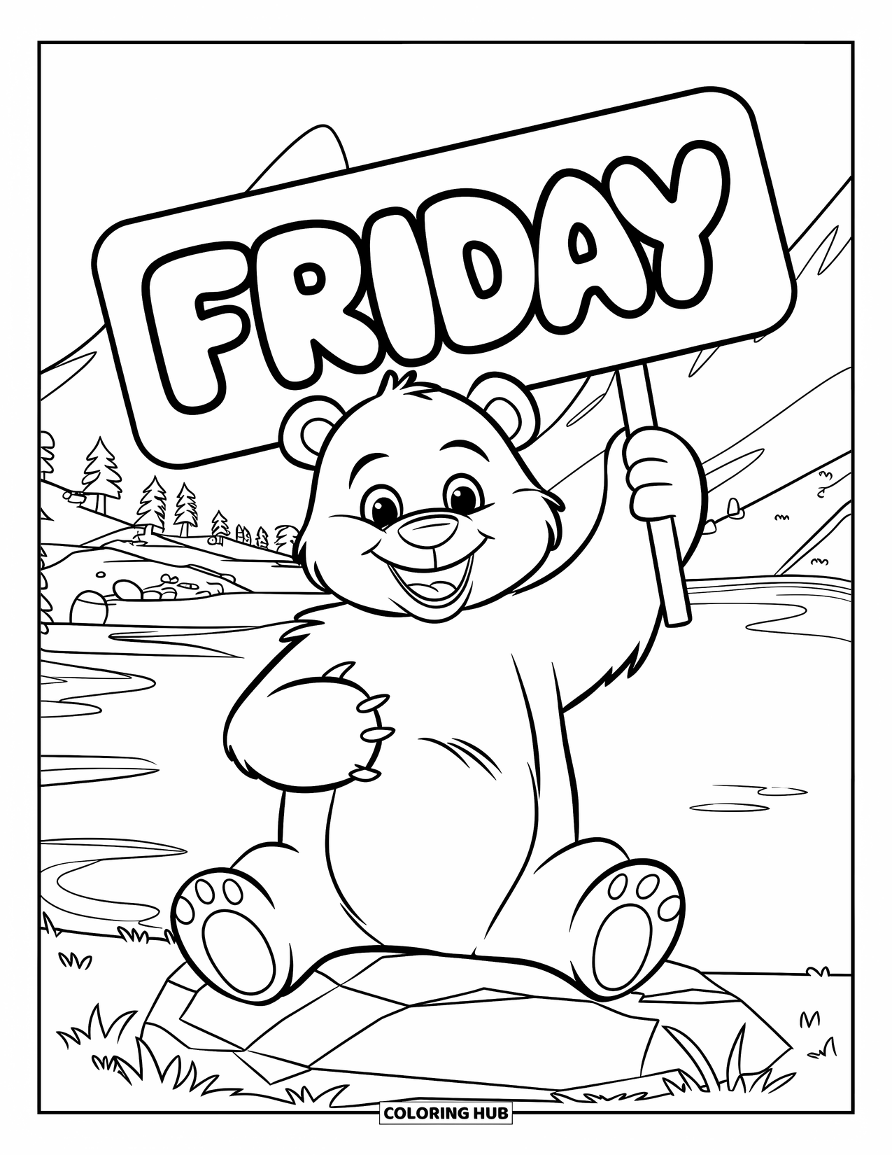 Friday Coloring Page for Kids: Bear with "Friday" sign sitting on rock near mountains, trees, and water