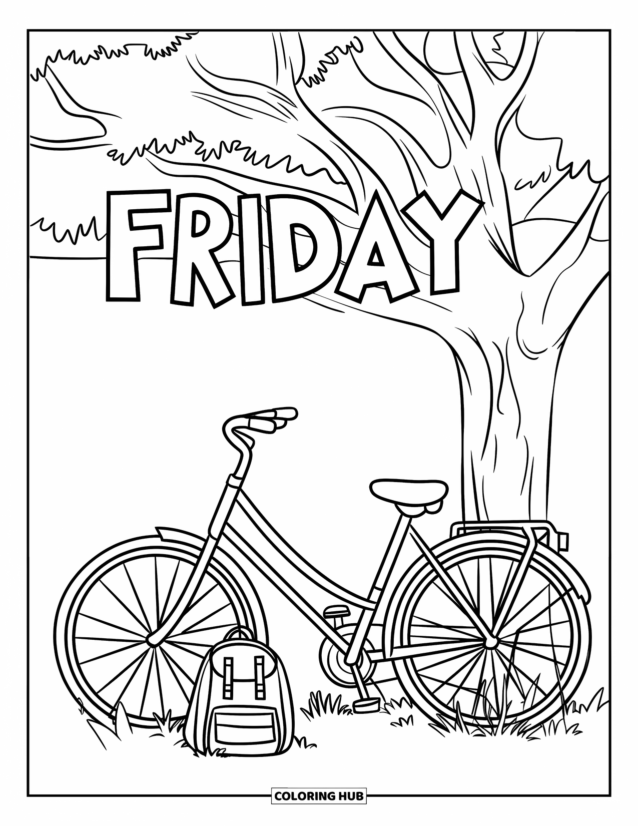 Friday Coloring Page for Kids: Bicycle near tree with backpack and "Friday" written above