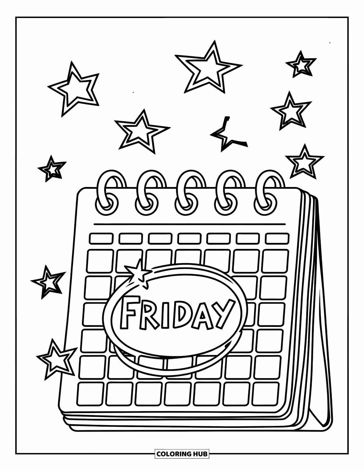 Friday Coloring Page for Kids: Big calendar with "FRIDAY" circled and stars all around