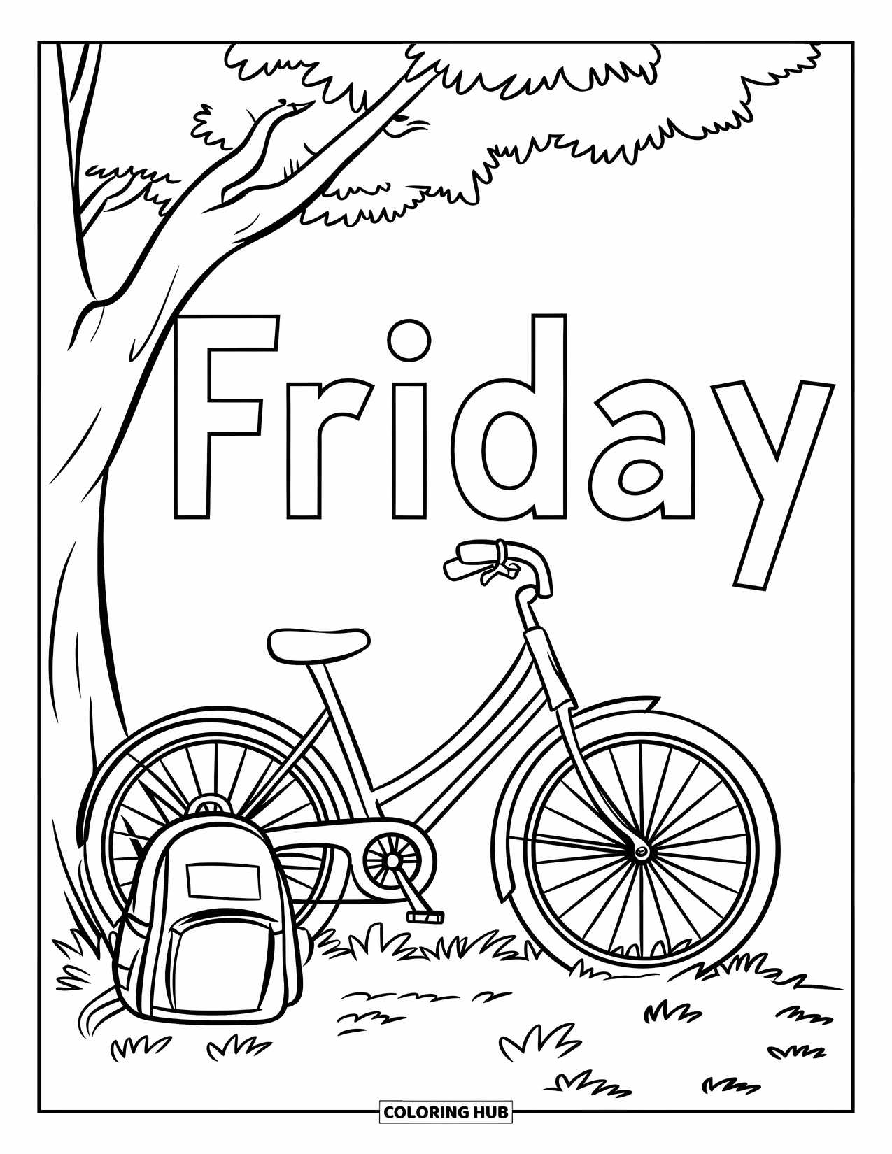 Friday Coloring Page for Kids: Bike by tree, backpack on ground, and "Friday" written above