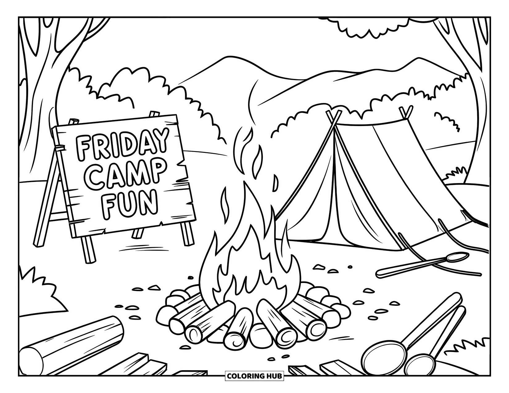 Friday Coloring Page for Kids: Campfire, tent, wooden sign "Friday Camp Fun," cooking gear, trees, and mountains