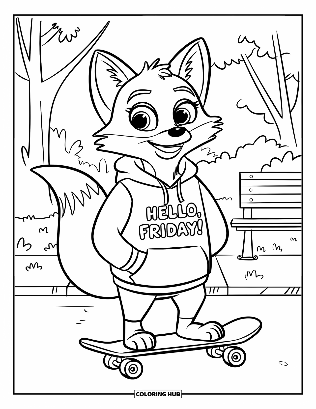 Friday Coloring Page for Kids: Cartoon fox on skateboard wearing "Hello, Friday!" hoodie in a park