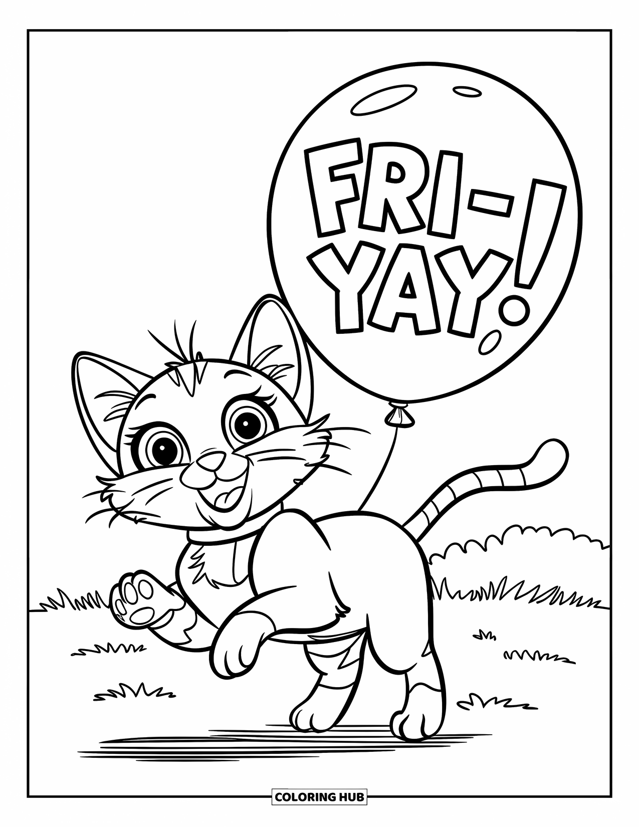 Friday Coloring Page for Kids: Cat with big eyes, collar, jumping by "Fri-YAY!" balloon over grassy field