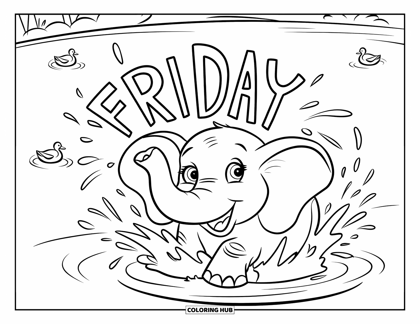 Friday Coloring Page for Kids: Cheerful elephant splashes water spelling "Friday" with ducks on a calm lake