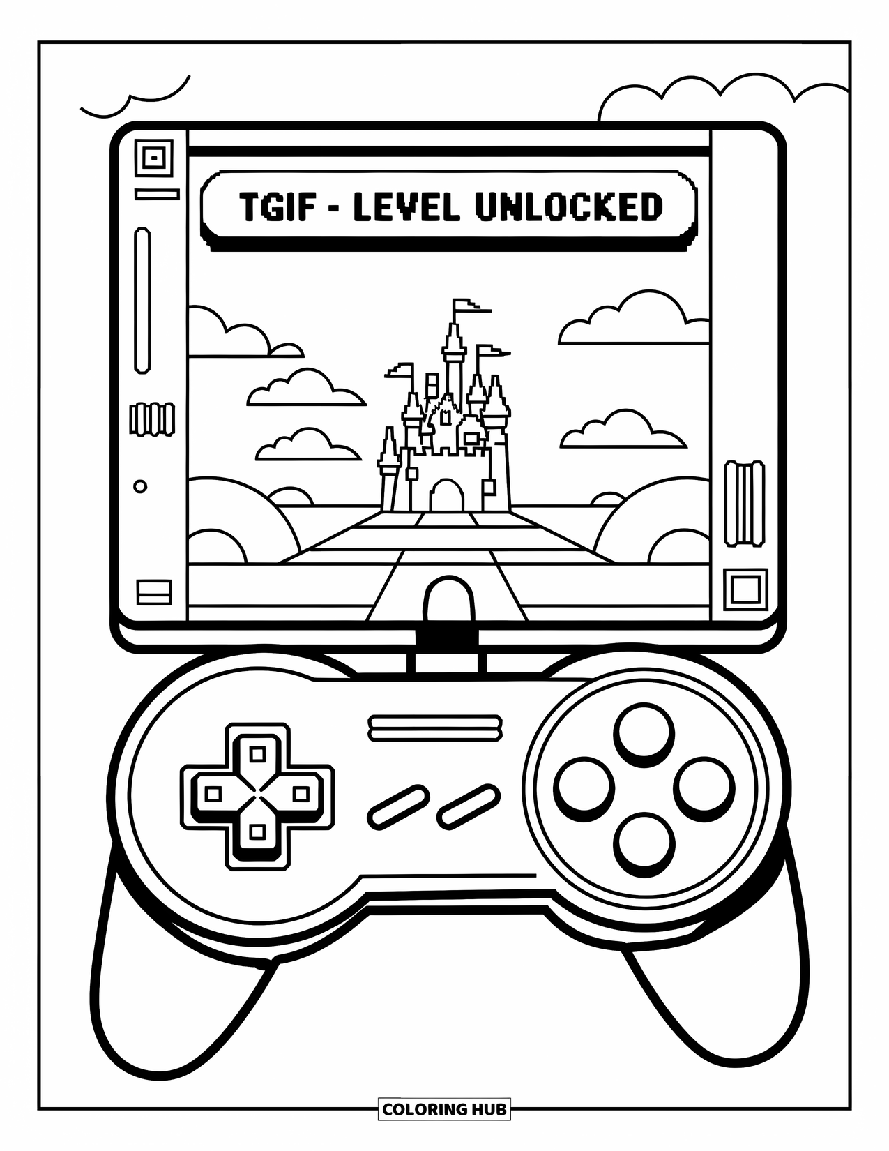 Friday Coloring Page for Kids: Controller with big buttons, game screen "TGIF - Level Unlocked," castle and clouds