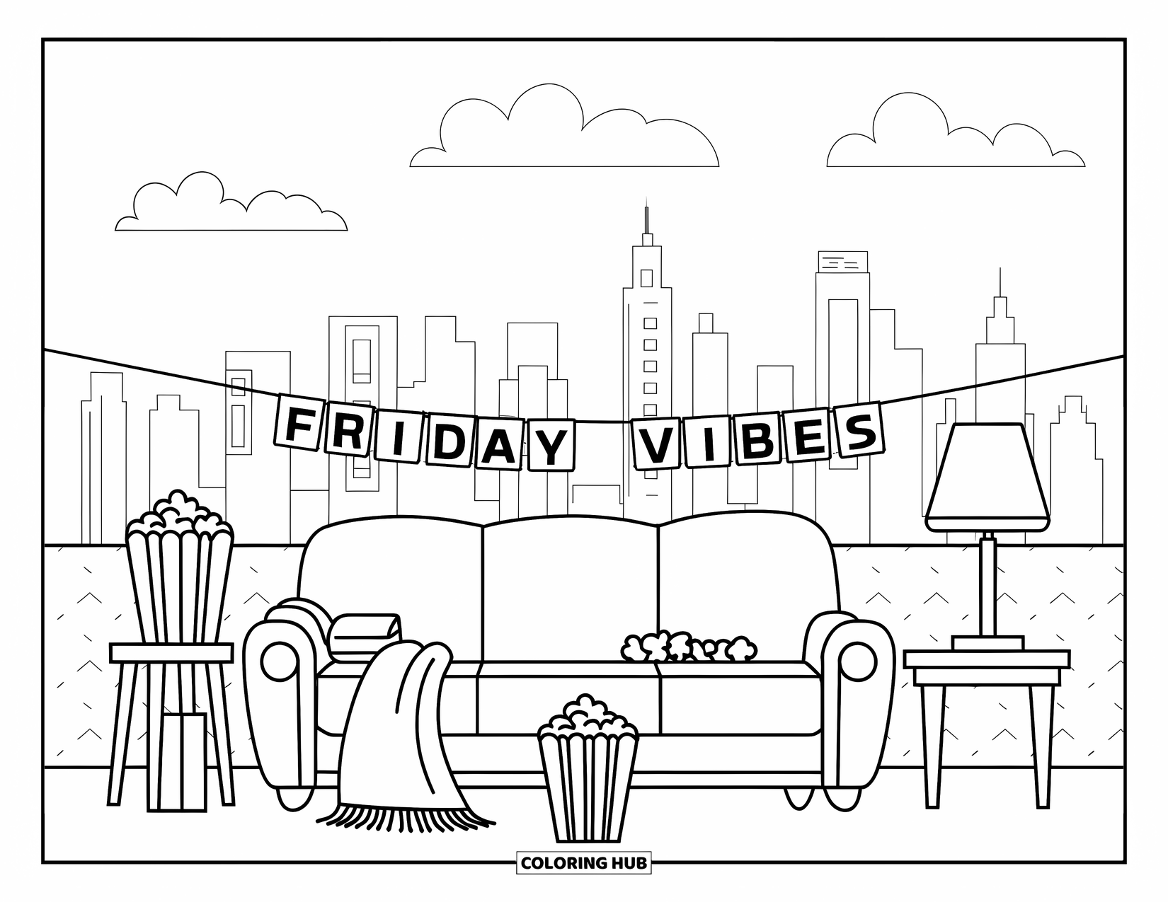 Friday Coloring Page for Kids: Couch, blanket, popcorn, soda, and "Friday Vibes" banner with city skyline