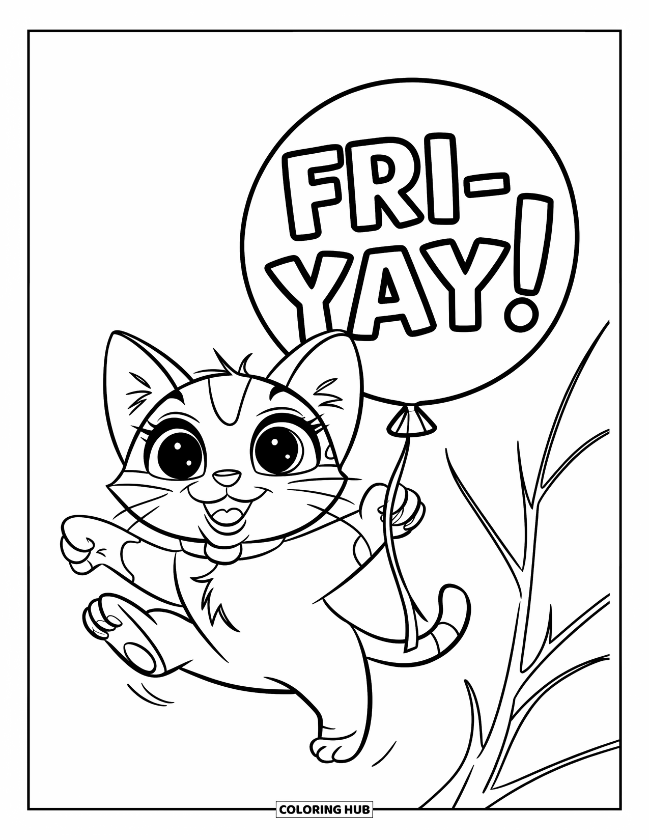 Friday Coloring Page for Kids: Joyful cat jumping beside a "Fri-YAY!" balloon tied to a branch