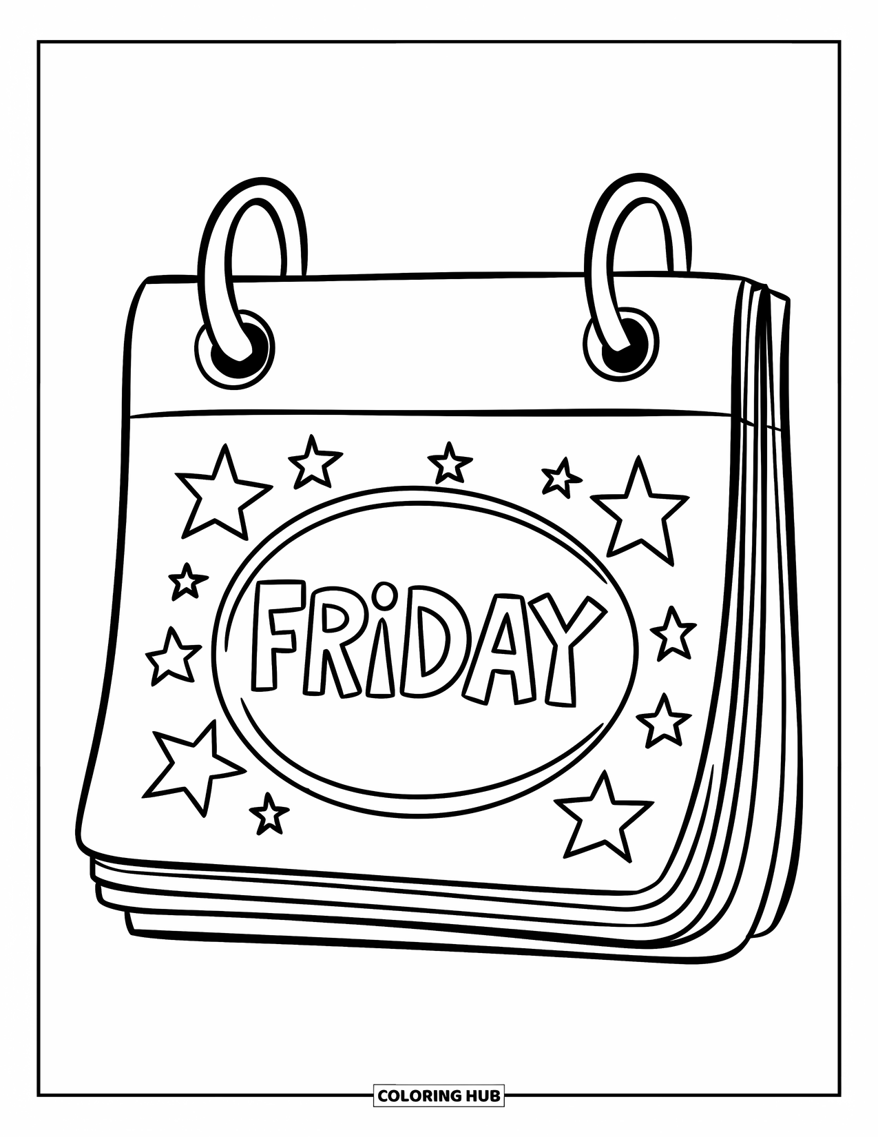 Friday Coloring Page for Kids: Large calendar on wall with "FRIDAY" circled and stars around it