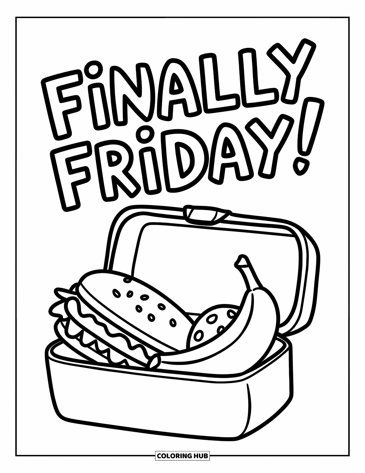 Friday Coloring Page for Kids: Lunchbox with sandwich, banana, cookie, and "Finally Friday!" above