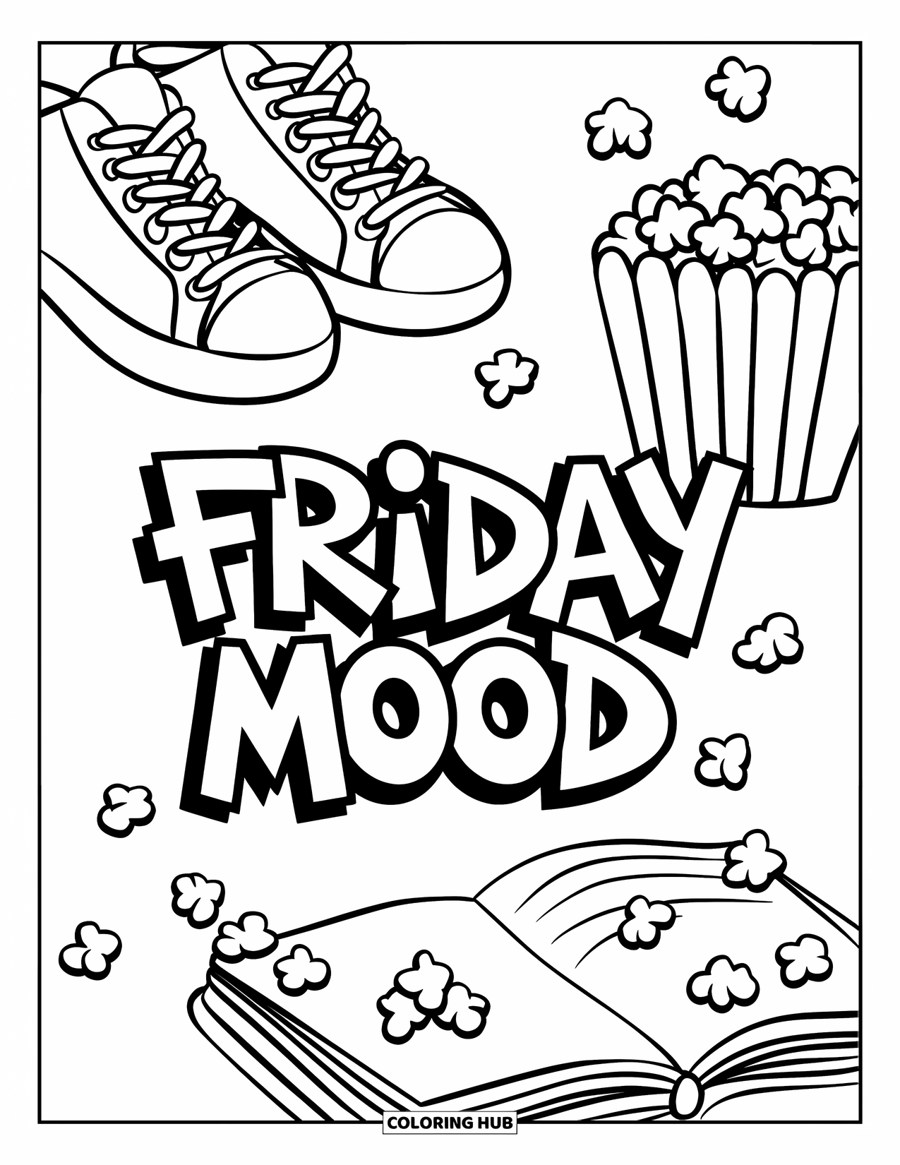 Friday Coloring Page for Kids: Sneakers, popcorn, journal, and "Friday Mood" in graffiti letters