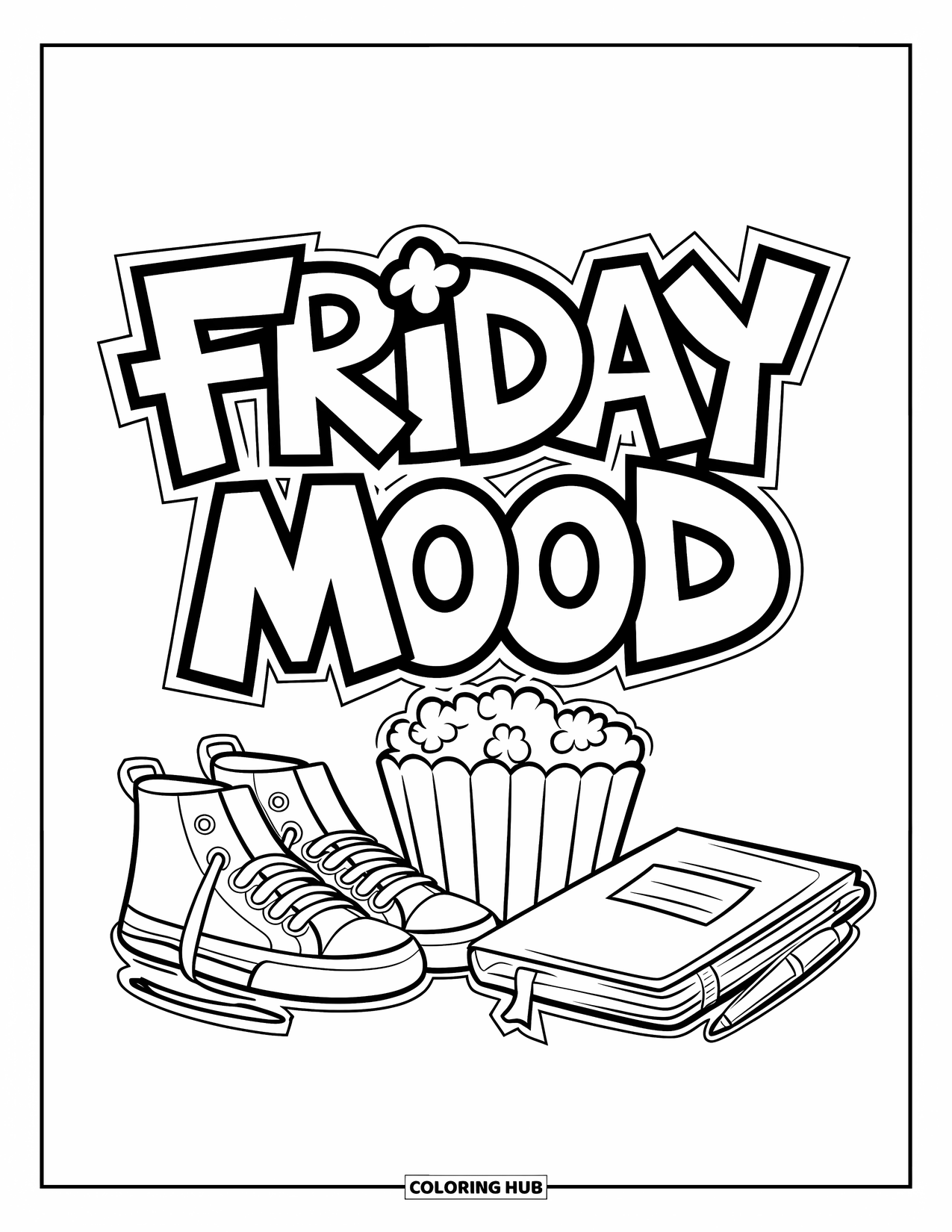 Friday Coloring Page for Kids: Sneakers, popcorn, open journal, pen, and "Friday Mood" graffiti text