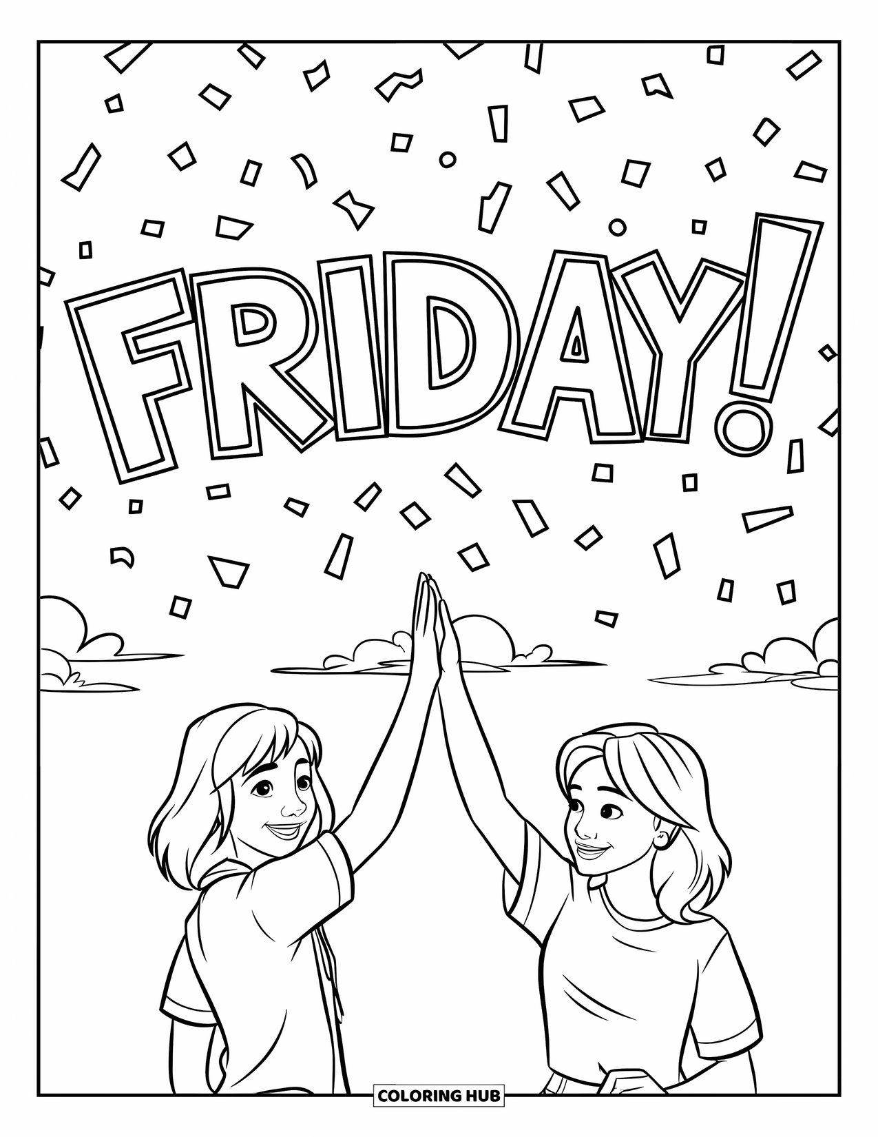 Friday Coloring Page for Kids: Two teens high-five with "FRIDAY!" spelled out in confetti