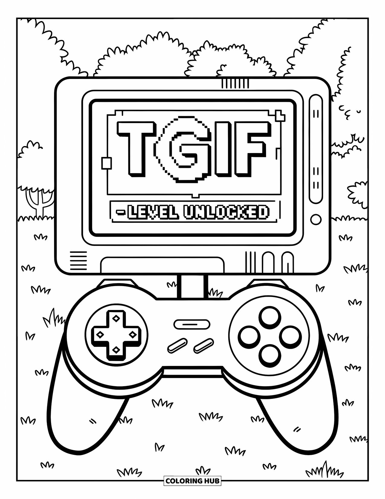 Friday Coloring Page for Kids: Video game controller with happy face and "TGIF - Level Unlocked" on screen