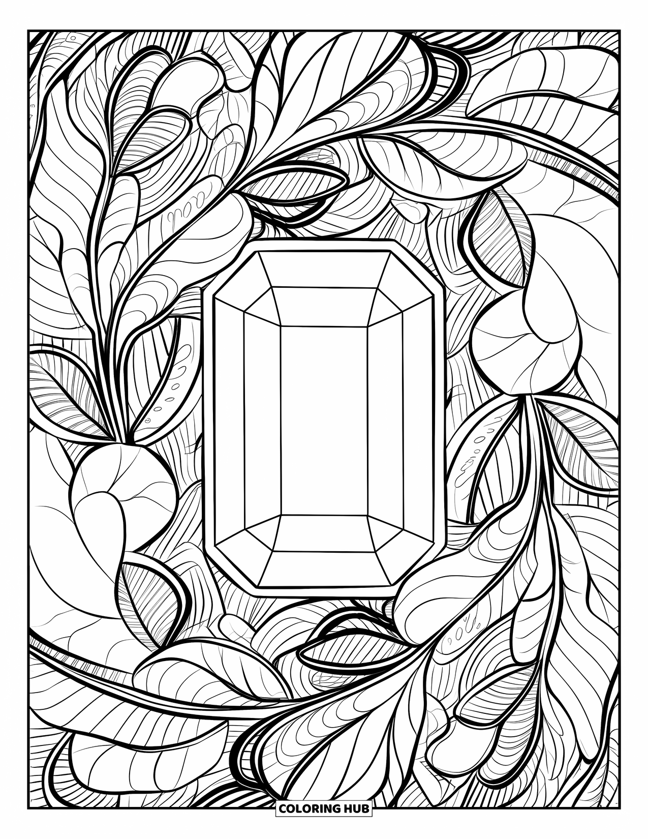 Gem Coloring Page for Adults: A bold emerald shines within curling vine details
