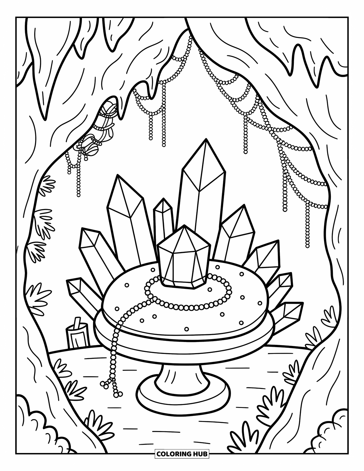 Gem Coloring Page for Adults: A cave nook glowing with clusters of amethyst crystals