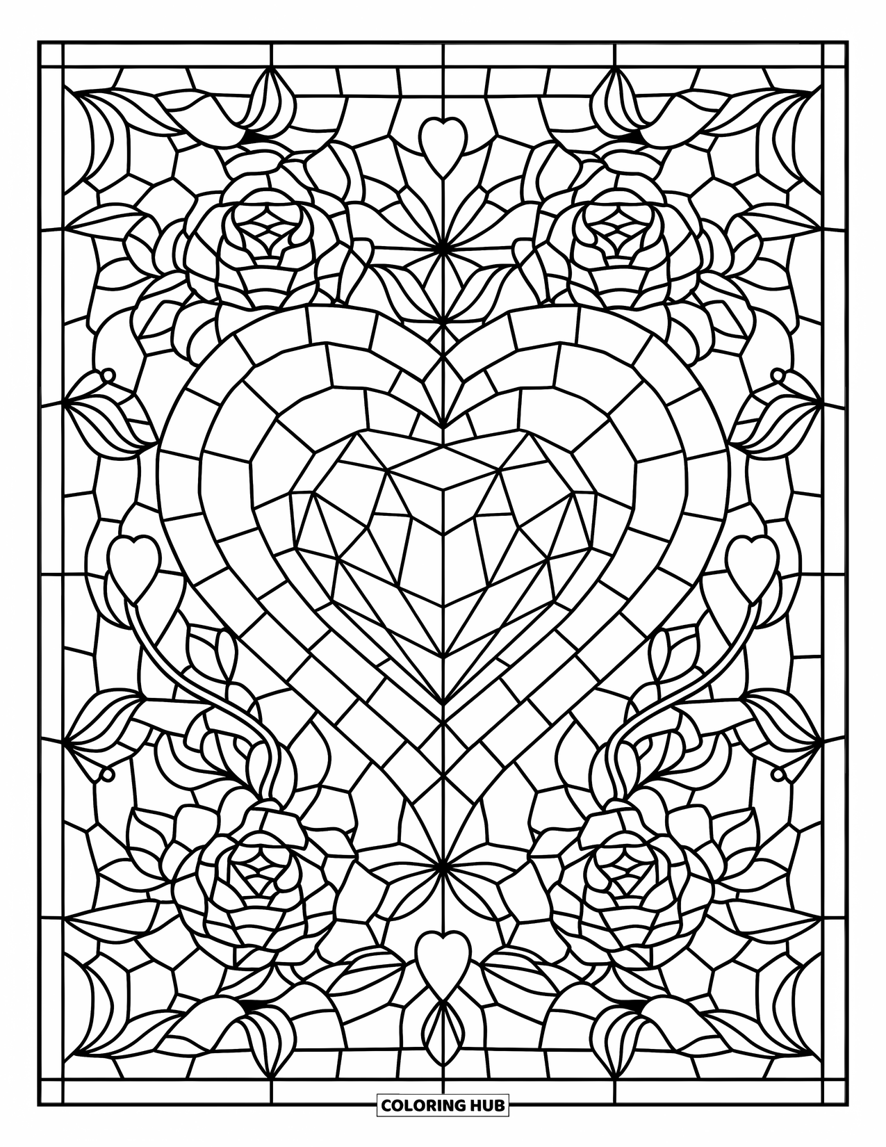 Gem Coloring Page for Adults: A large ruby heart sparkles among roses and leaves