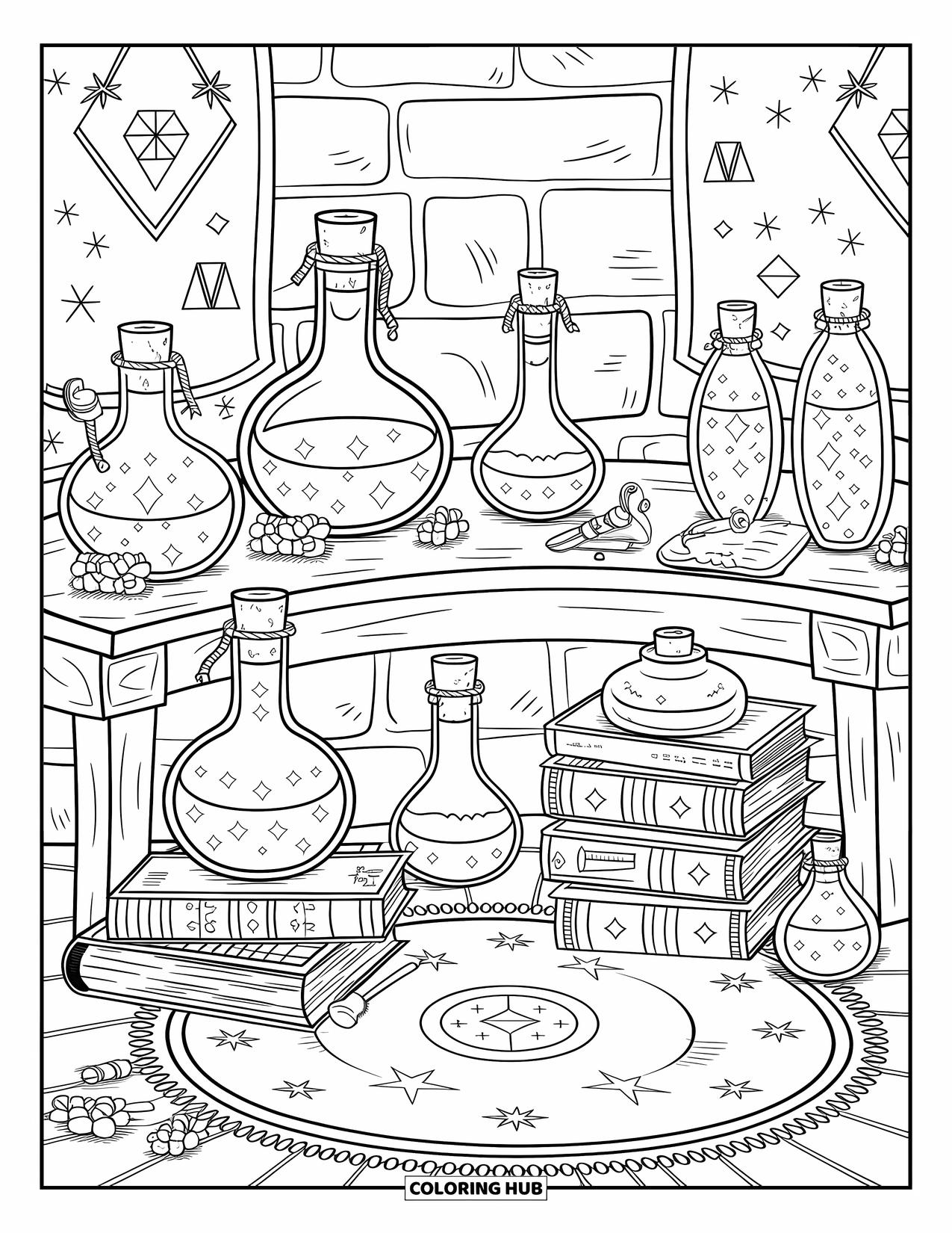 Gem Coloring Page for Adults: A potion lab with glass bottles holding floating topaz crystals