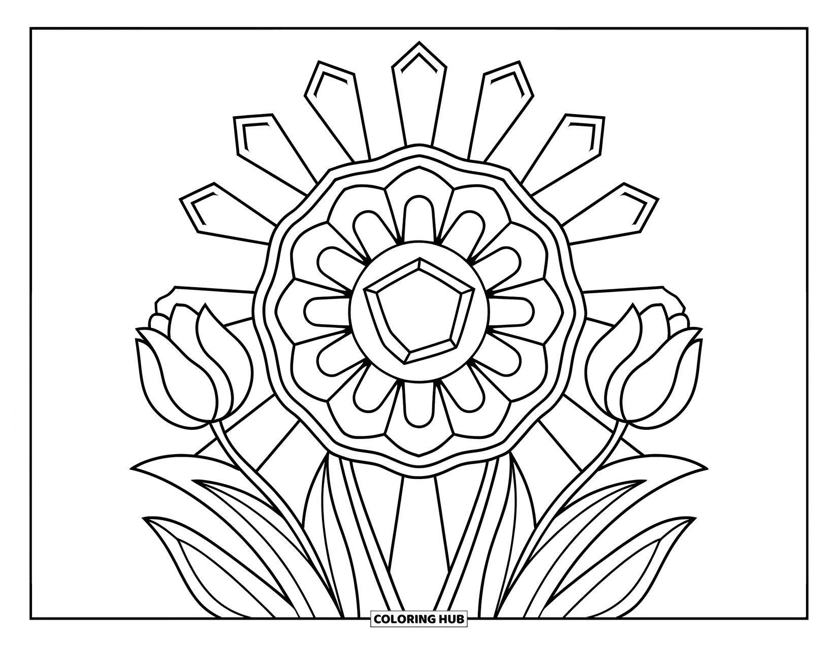 Gem Coloring Page for Adults: A radiant opal star shines with tulip and stained-glass details