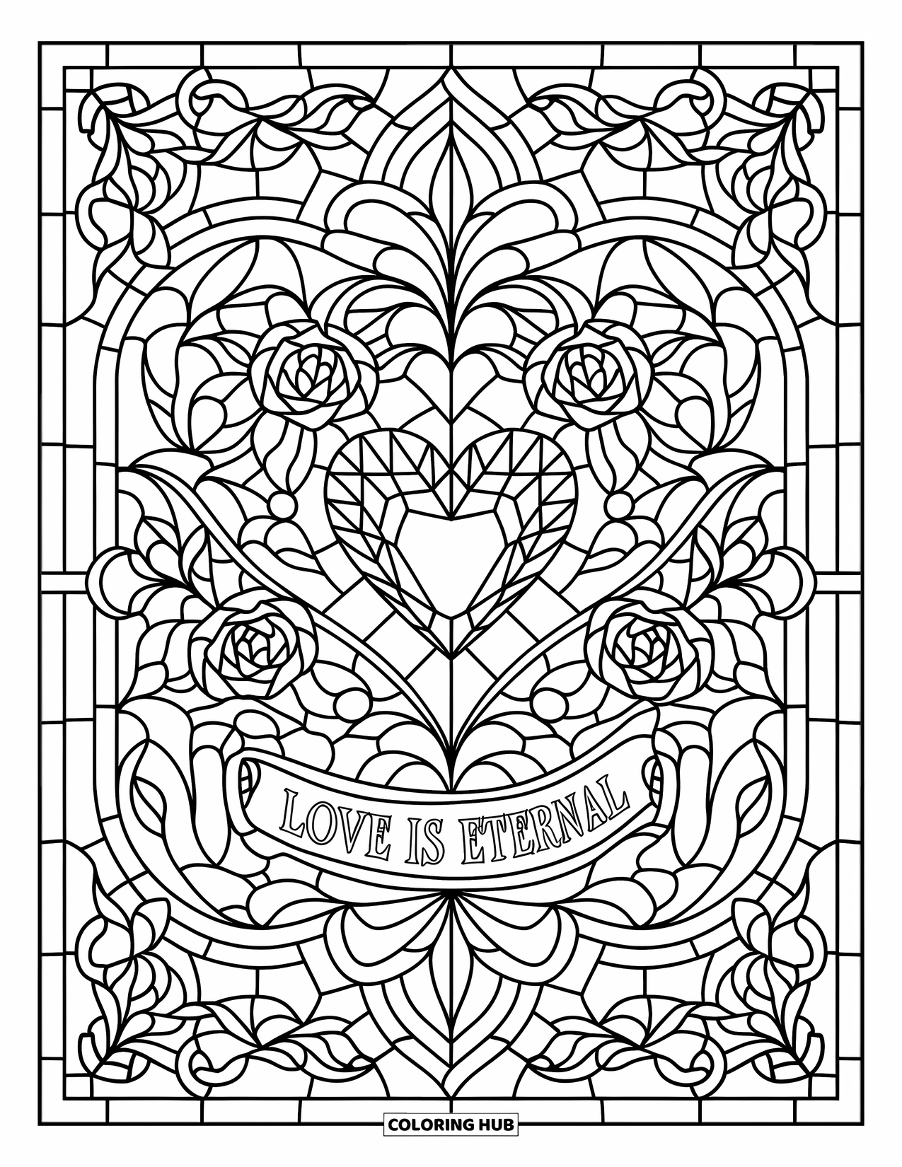 Gem Coloring Page for Adults: A ruby heart rests in a floral design with roses