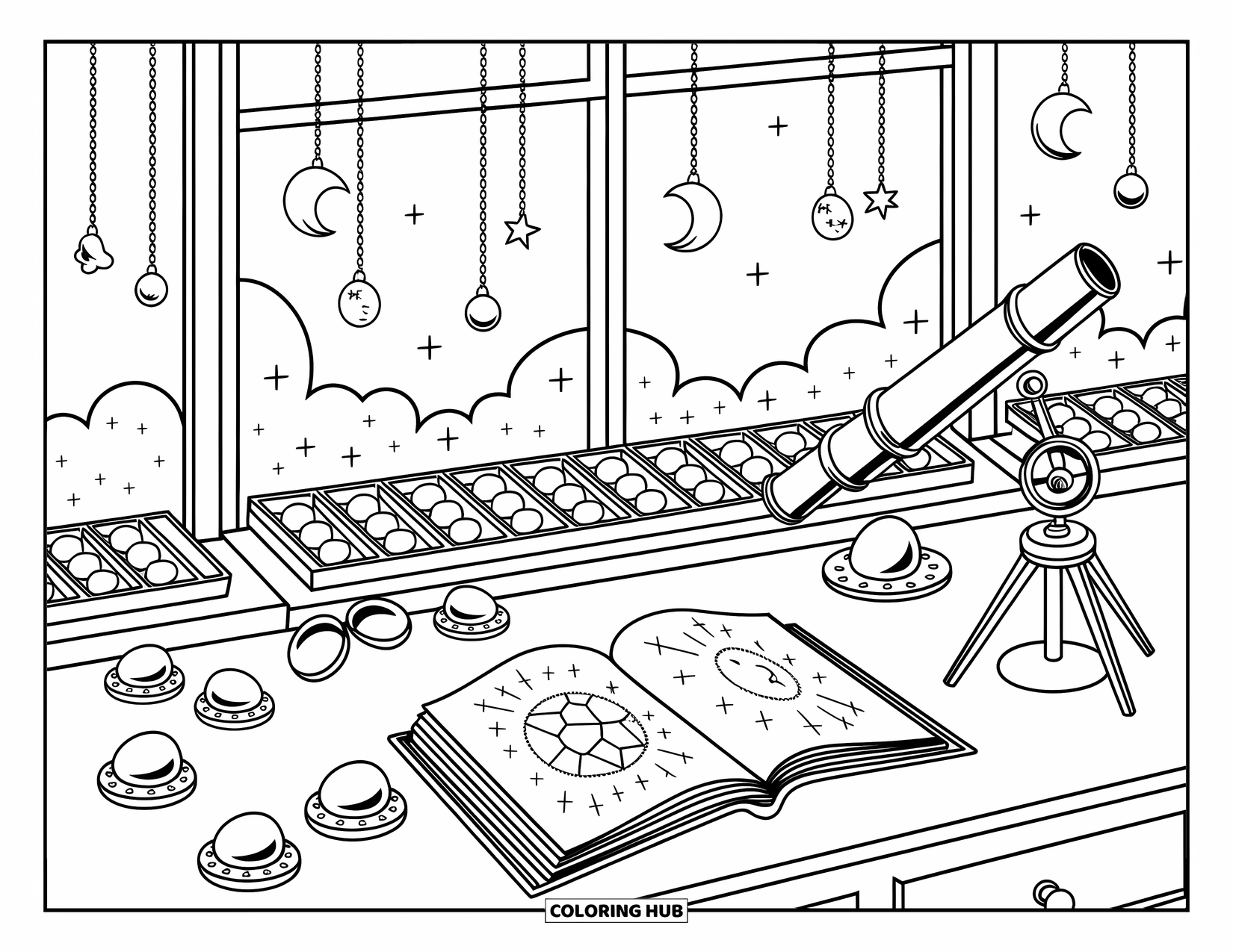 Gem Coloring Page for Adults: A twilight sky shines through the window of an opal stargazing station
