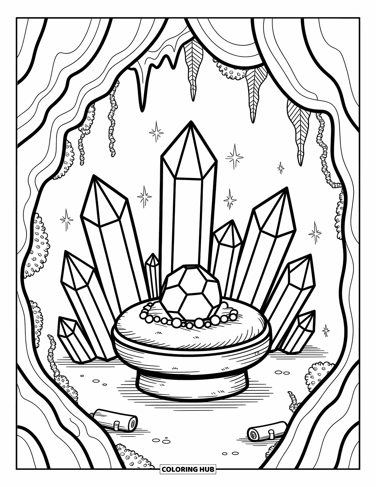 Gem Coloring Page for Adults: An amethyst gem rests on a cushion inside a crystal cave