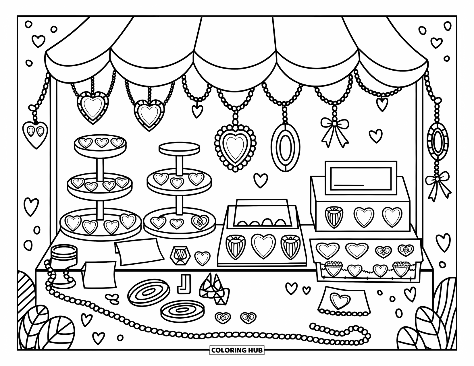 Gem Coloring Page for Adults: Tiny ribbons, tags, and cloths add charm to the ruby jewelry stall
