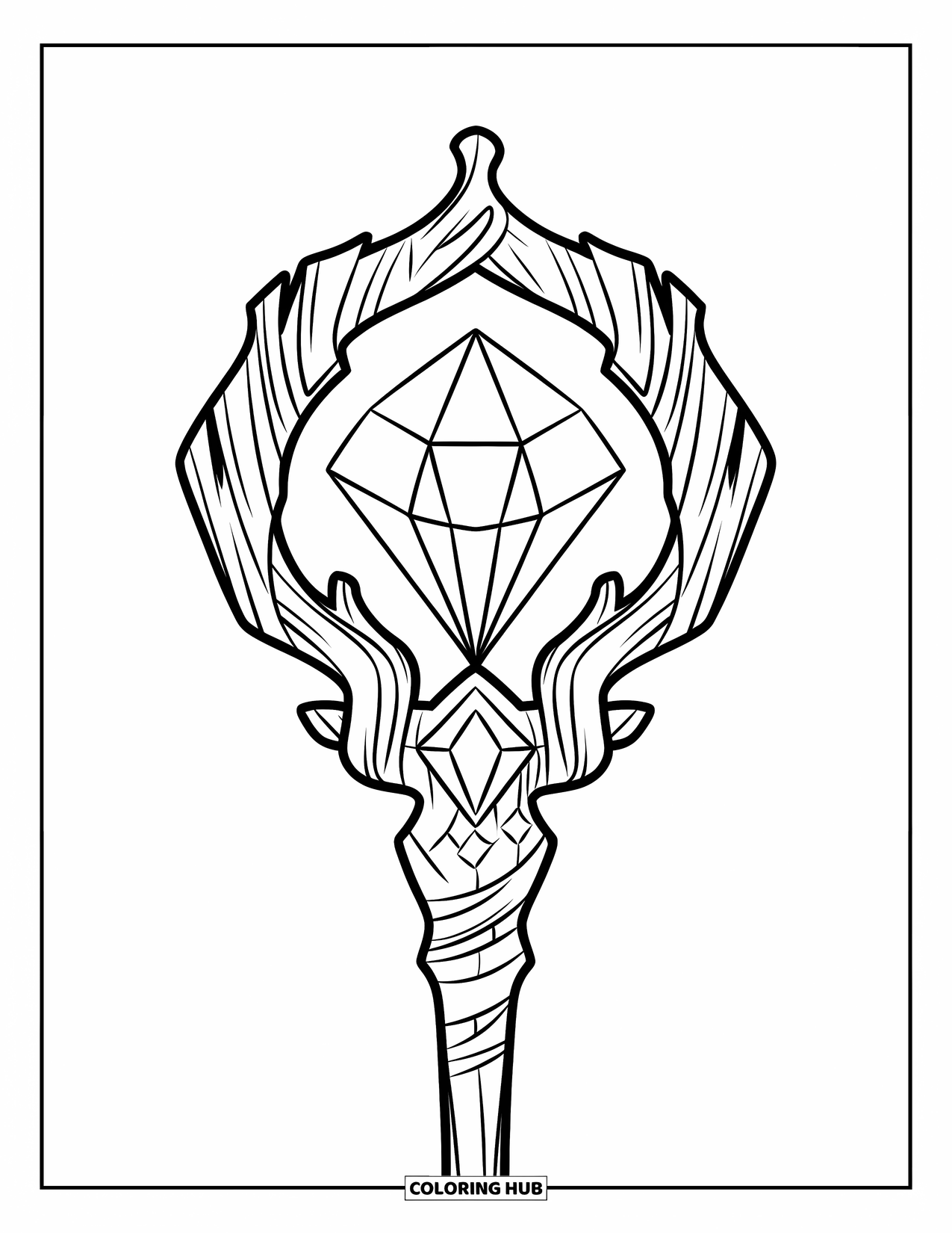 Gem Coloring Page for Kids: A carved wooden staff with a glowing spinel at the top