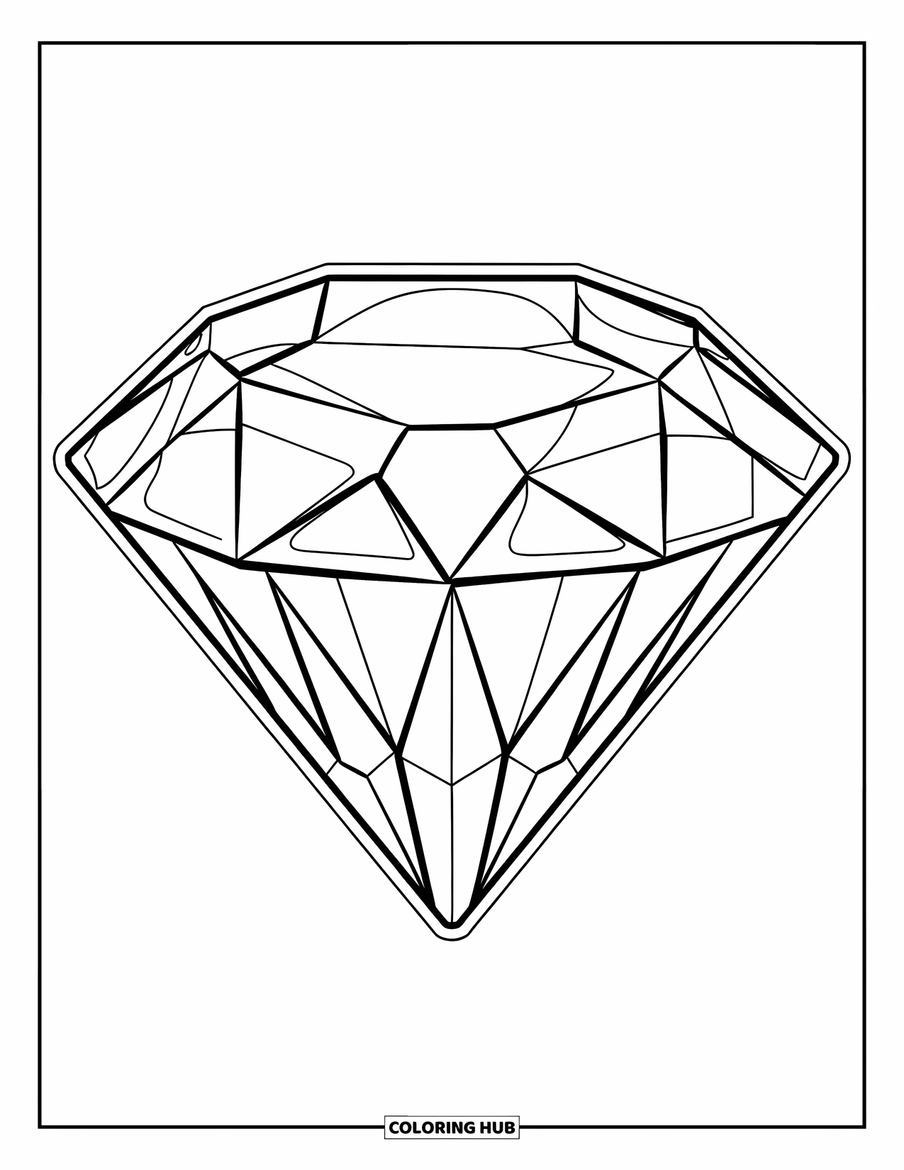 Gem Coloring Page for Kids: A diamond gem with bold outlines and simple facets