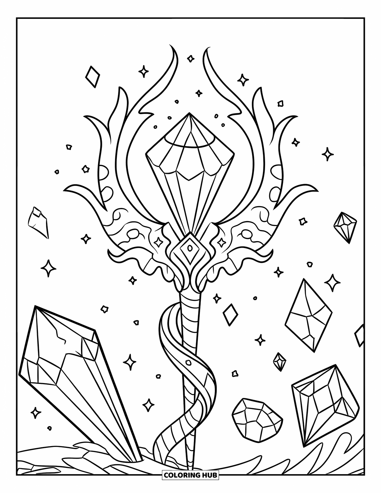 Gem Coloring Page for Kids: A fantasy staff topped with a glowing spinel gemstone