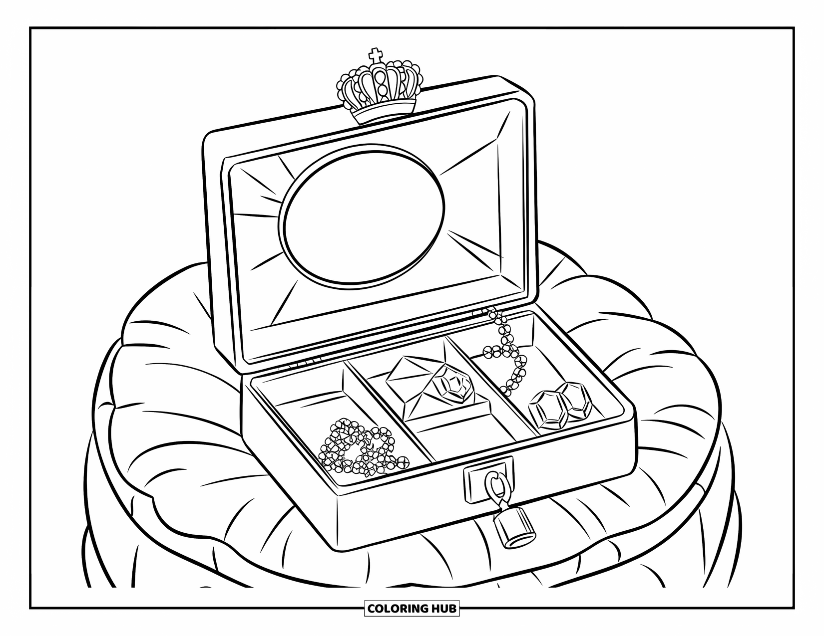 Gem Coloring Page for Kids: A jewelry box of gems with a crown resting on top