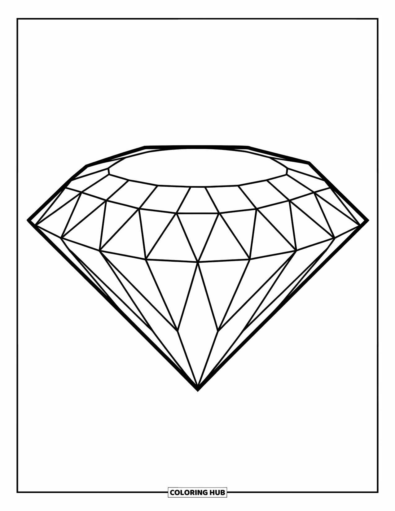 Gem Coloring Page for Kids: A large diamond gemstone with bold facets