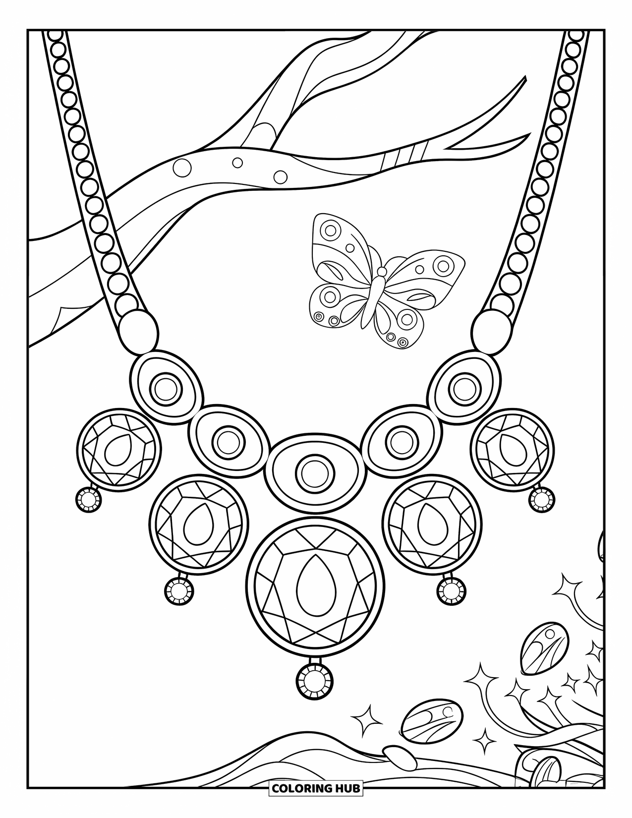 Gem Coloring Page for Kids: A necklace with amethysts and a butterfly fluttering nearby