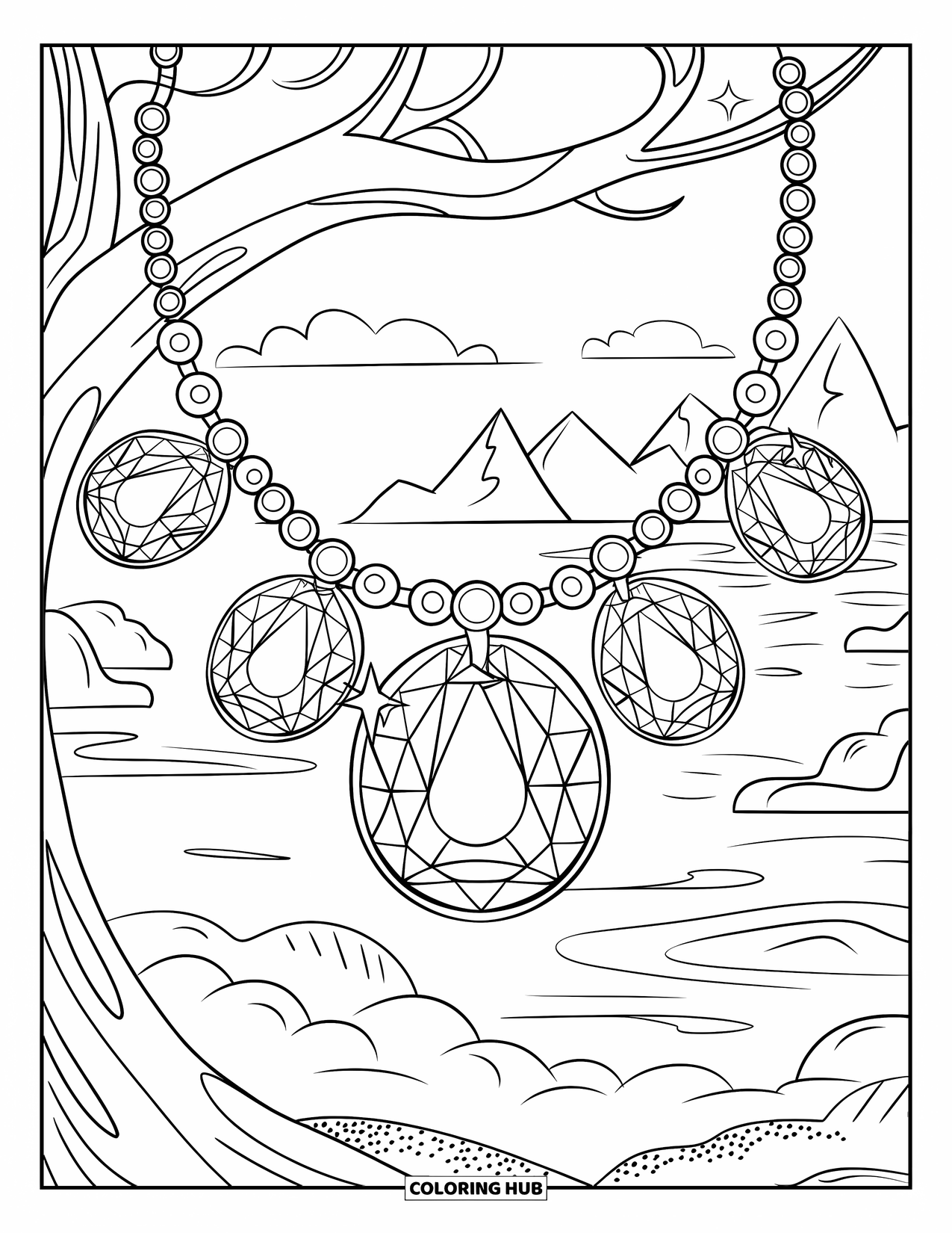 Gem Coloring Page for Kids: A necklace with five amethyst gems hanging from dotted chains